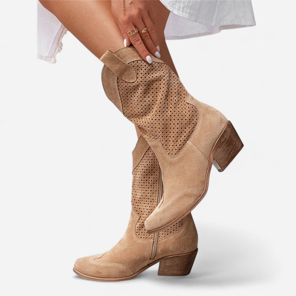 DIDA™ – WESTERN ANKELSTØVLER I PERFORERET RUSKIND MED BLOKHÆL